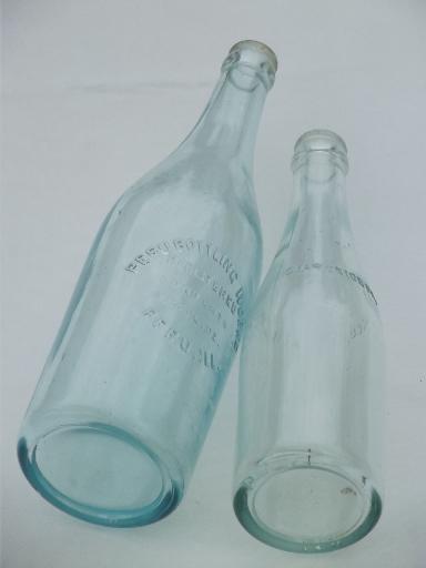 photo of collection of old soda & water bottles, heavy clear glass & aqua blue glass bottles #5