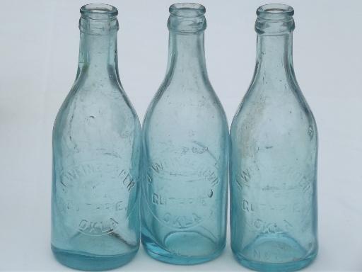 photo of collection of old soda & water bottles, heavy clear glass & aqua blue glass bottles #8