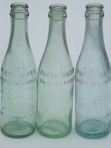 photo of collection of old soda & water bottles, heavy clear glass & aqua blue glass bottles #10