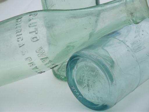 photo of collection of old soda & water bottles, heavy clear glass & aqua blue glass bottles #11