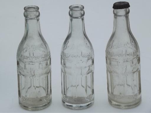 photo of collection of old soda & water bottles, heavy clear glass & aqua blue glass bottles #12