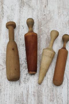 collection of old wood mashers & pestles, worn wooden kitchen utensils vintage farmhouse primitives 