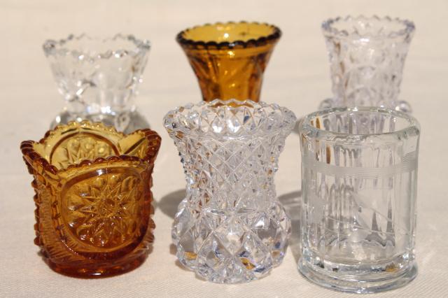 photo of collection of pressed glass toothpicks or match holders, amber & crystal clear glass #1