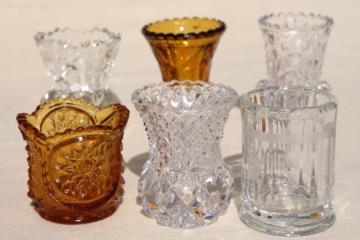 catalog photo of collection of pressed glass toothpicks or match holders, amber & crystal clear glass