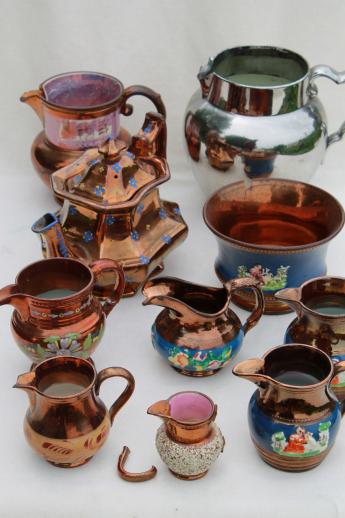 photo of collection of shabby antique silver luster & copper luster china, tea pot & jugs #1