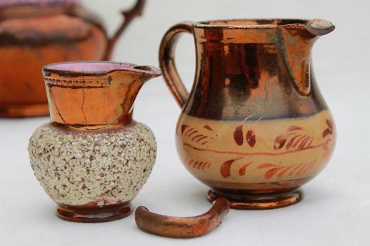 photo of collection of shabby antique silver luster & copper luster china, tea pot & jugs #11