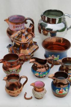 catalog photo of collection of shabby antique silver luster & copper luster china, tea pot & jugs