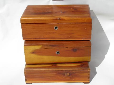 photo of collection of small cedar chests, lot of old wood jewelry boxes #1