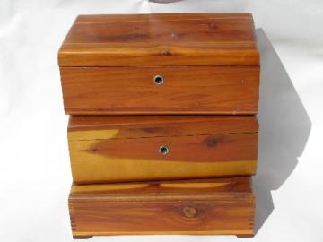 catalog photo of collection of small cedar chests, lot of old wood jewelry boxes