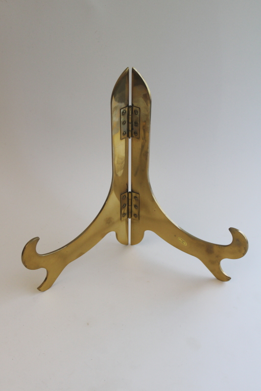 photo of collection of solid brass plate stands, large & small vintage display stands  #5