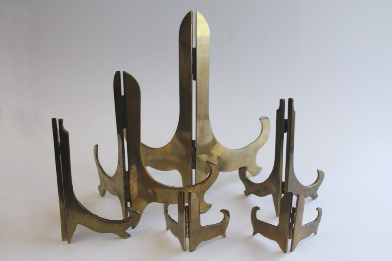 photo of collection of solid brass plate stands, large & small vintage display stands  #9