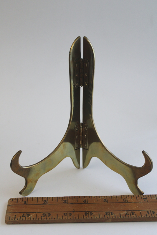 photo of collection of solid brass plate stands, large & small vintage display stands  #17