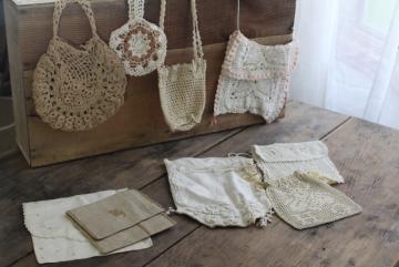 catalog photo of collection of tiny antique lace purses, Edwardian vintage hand bags tea dress style