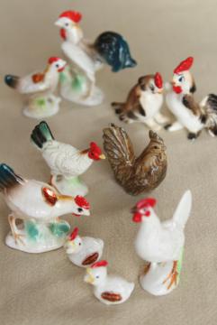 catalog photo of collection of tiny vintage chickens, bone china miniature animals hens chicks roosters