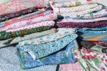 catalog photo of collection of vintage aprons, retro prints and colors, pinafore, kitchen smock & half aprons