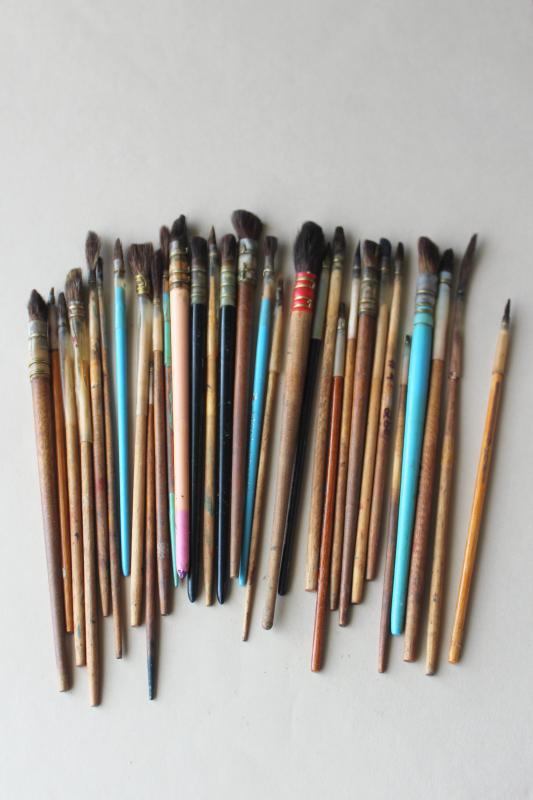 photo of collection of vintage artists paint brushes, wire wrapped natural bristle paintbrushes #1