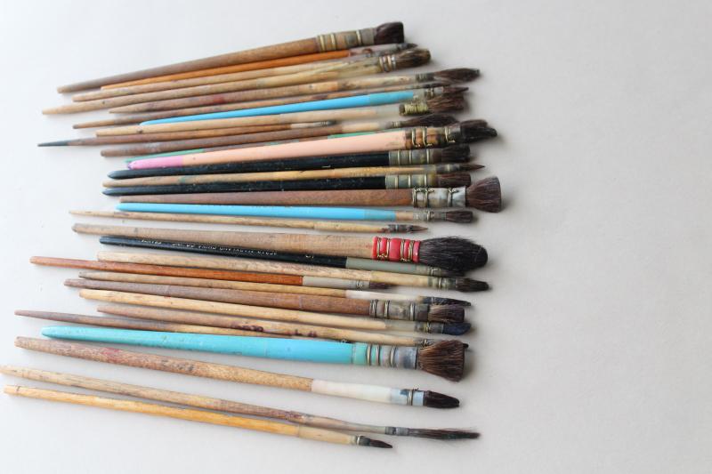 photo of collection of vintage artists paint brushes, wire wrapped natural bristle paintbrushes #2