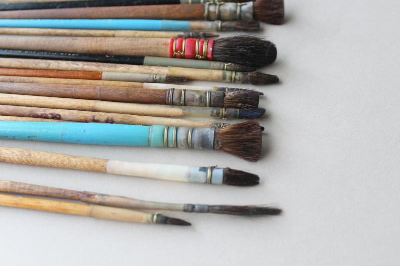 photo of collection of vintage artists paint brushes, wire wrapped natural bristle paintbrushes #3