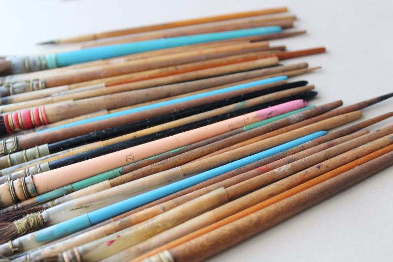 photo of collection of vintage artists paint brushes, wire wrapped natural bristle paintbrushes #7