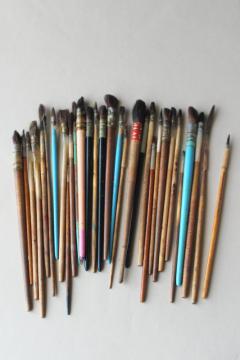 catalog photo of collection of vintage artists paint brushes, wire wrapped natural bristle paintbrushes