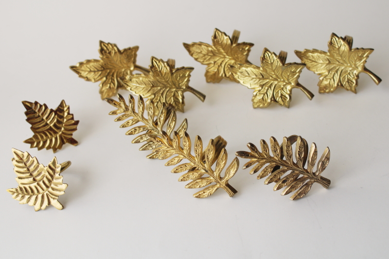 photo of collection of vintage brass leaf napkin rings, different leaves & ferns solid brass #1