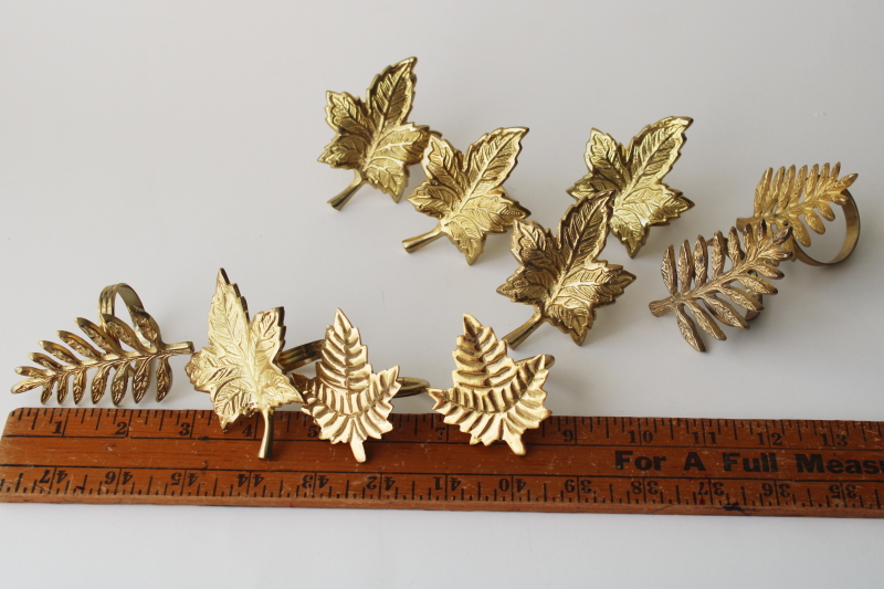 photo of collection of vintage brass leaf napkin rings, different leaves & ferns solid brass #3