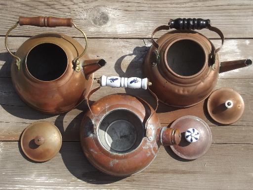photo of collection of vintage copper kettles, whistling tea kettle & teapots #2