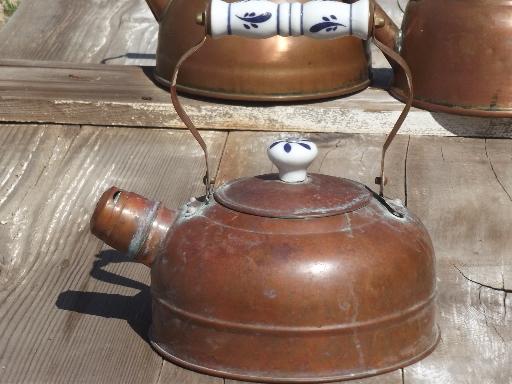 photo of collection of vintage copper kettles, whistling tea kettle & teapots #4