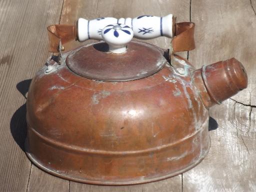 photo of collection of vintage copper kettles, whistling tea kettle & teapots #5