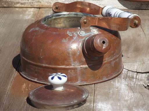 photo of collection of vintage copper kettles, whistling tea kettle & teapots #6