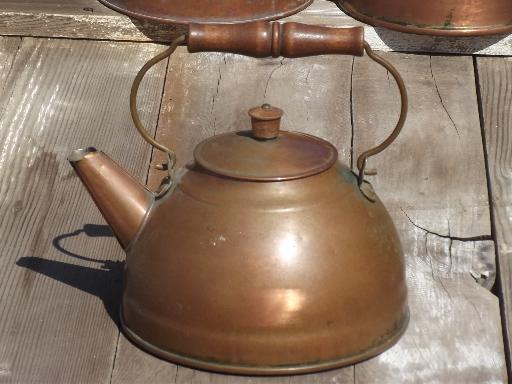 photo of collection of vintage copper kettles, whistling tea kettle & teapots #7