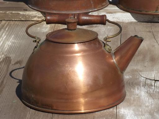 photo of collection of vintage copper kettles, whistling tea kettle & teapots #8