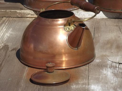 photo of collection of vintage copper kettles, whistling tea kettle & teapots #9