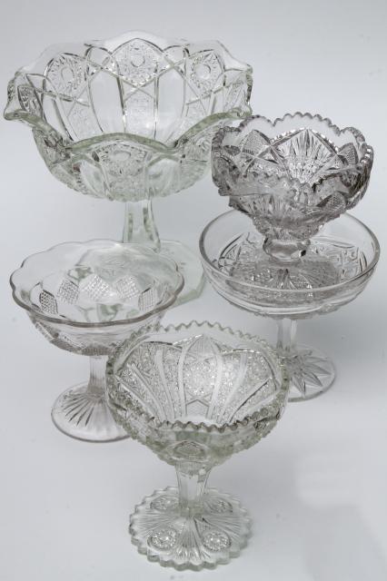 photo of collection of vintage crystal clear glass compote bowls, candy dishes, dessert stands #6