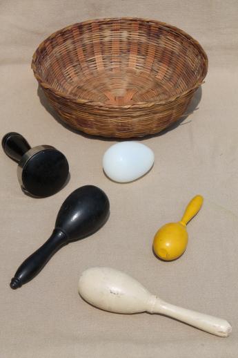 photo of collection of vintage darning eggs, old wood sock darners & glass egg for mending #1