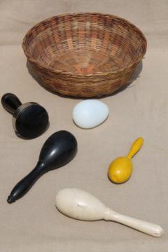 catalog photo of collection of vintage darning eggs, old wood sock darners & glass egg for mending