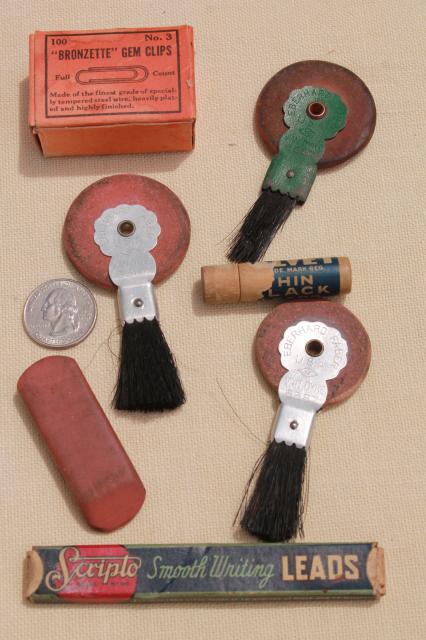 photo of collection of vintage desk / office typewriter supplies, rubber eraser wheel brushes etc. #1