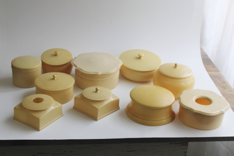 photo of collection of vintage french ivory celluloid vanity boxes, powder box, dresser set jars  #1