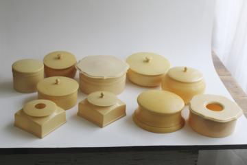 catalog photo of collection of vintage french ivory celluloid vanity boxes, powder box, dresser set jars 