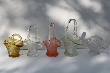 catalog photo of collection of vintage glass baskets, small vases to hold flowers or Easter eggs