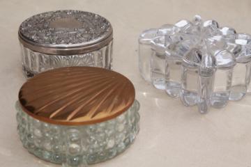 catalog photo of collection of vintage glass powder puff boxes, vanity dressing table jars