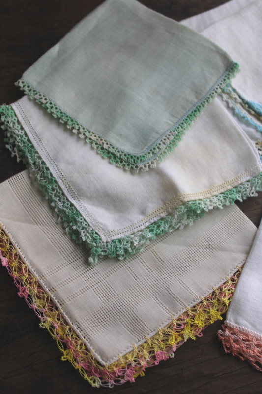 photo of collection of vintage hankies w/ handmade crochet lace edgings, colorful cotton handkerchiefs  #2