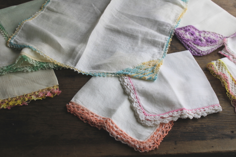 photo of collection of vintage hankies w/ handmade crochet lace edgings, colorful cotton handkerchiefs  #4