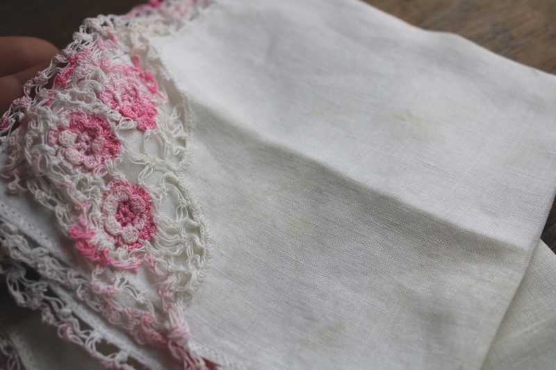 photo of collection of vintage hankies w/ handmade crochet lace edgings, colorful cotton handkerchiefs  #5