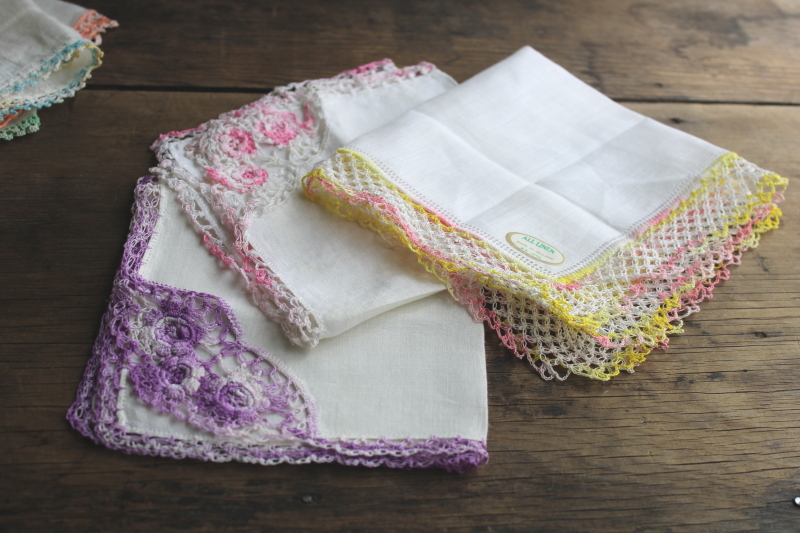 photo of collection of vintage hankies w/ handmade crochet lace edgings, colorful cotton handkerchiefs  #6