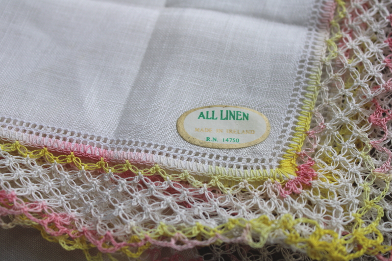 photo of collection of vintage hankies w/ handmade crochet lace edgings, colorful cotton handkerchiefs  #7
