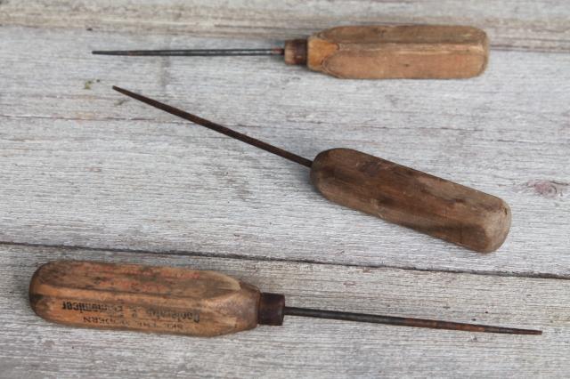 photo of collection of vintage ice picks, primitive worn old wood handled tools #1