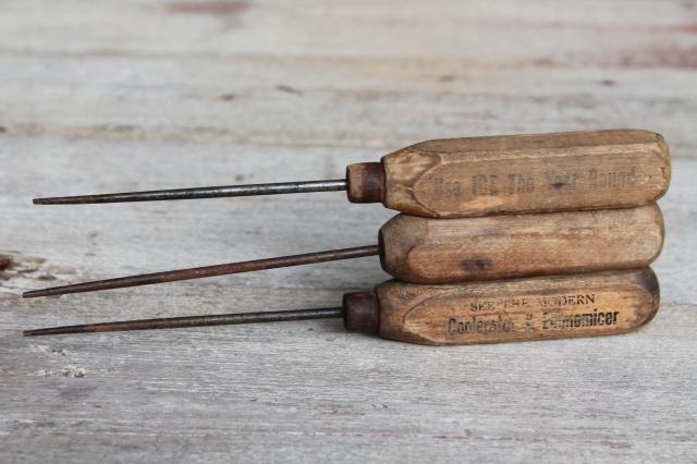 photo of collection of vintage ice picks, primitive worn old wood handled tools #2