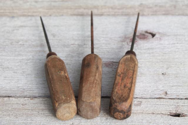 photo of collection of vintage ice picks, primitive worn old wood handled tools #5