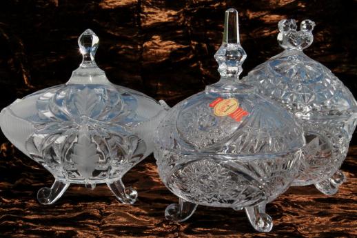 photo of collection of vintage lead crystal candy dishes & covered bowls w/ German labels #1